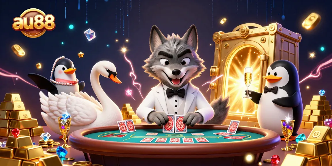 Win big at au88 with an elegant swan dealing cards alongside a debonair wolf and sophisticated penguin.
