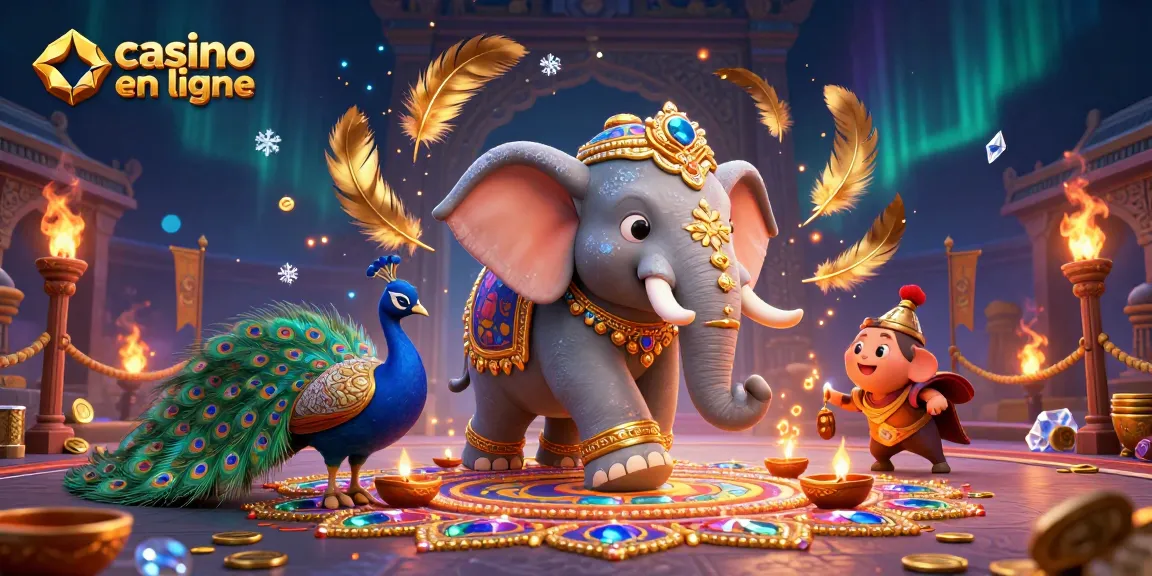 Jouez à des jeux captivants de casino en ligne dans une scène colorée avec un éléphant et un paon.