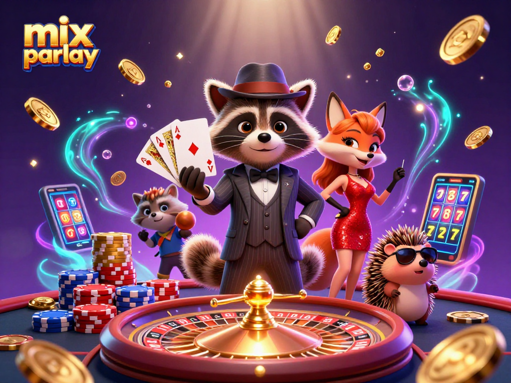 Experience mix parlay thrills with charming raccoon and fox in a vibrant casino scene.