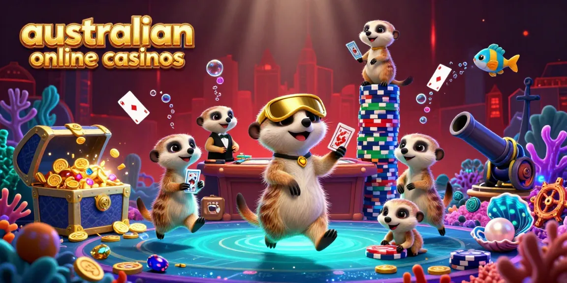 Engaging illustration of meerkats running a vibrant australian online casinos operation with dynamic gameplay elements.