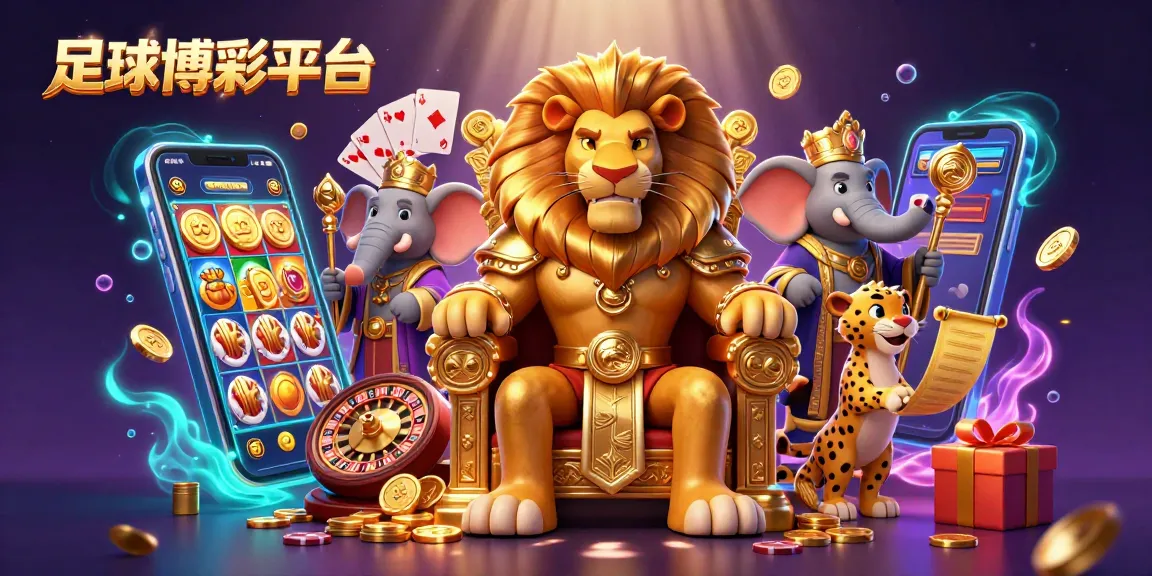 足球博彩平台的獅子王與智慧大象,共同坐在金幣寶座上打造奪目的賭博場景。