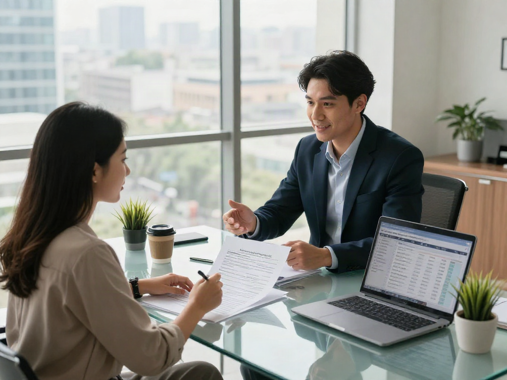 Couple consulting financial advisor about depo 10k real estate options.