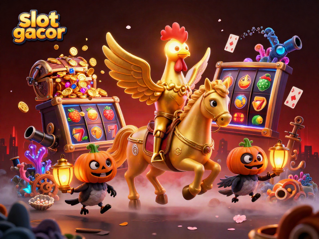 Experience the thrill of slot gacor with a vivid 3D illustration of a golden rooster in a casino.