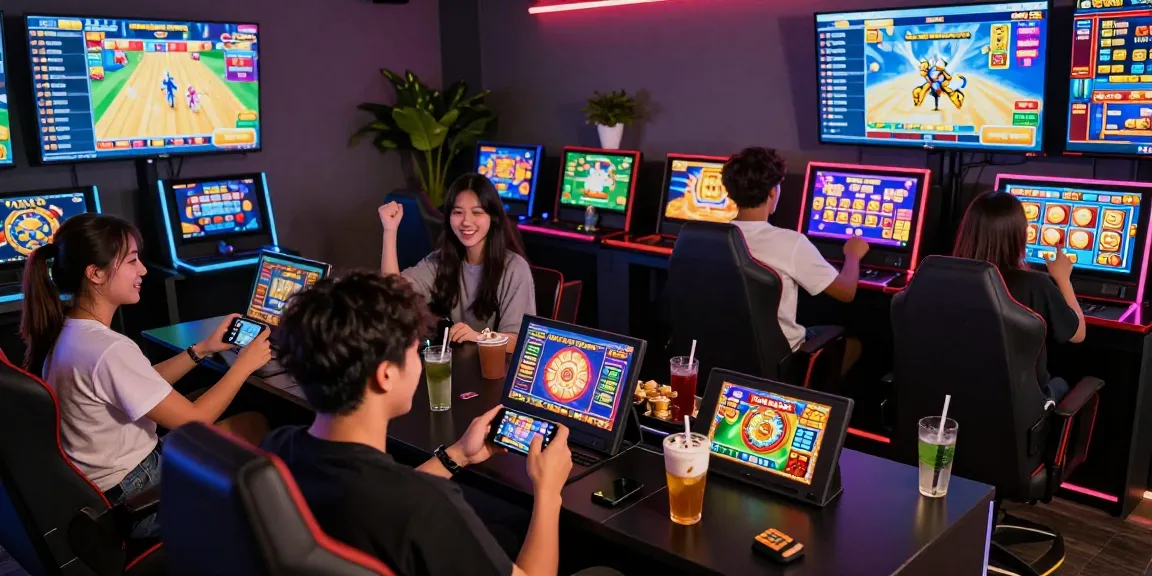 Exciting gaming lounge showcasing deposit pulsa tanpa potongan with players enjoying colorful slot games.