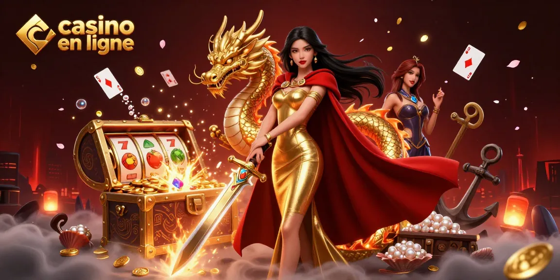 Vivez l'excitation de Casino en Ligne avec une reine guerrière et un dragon doré, riches en détails.
