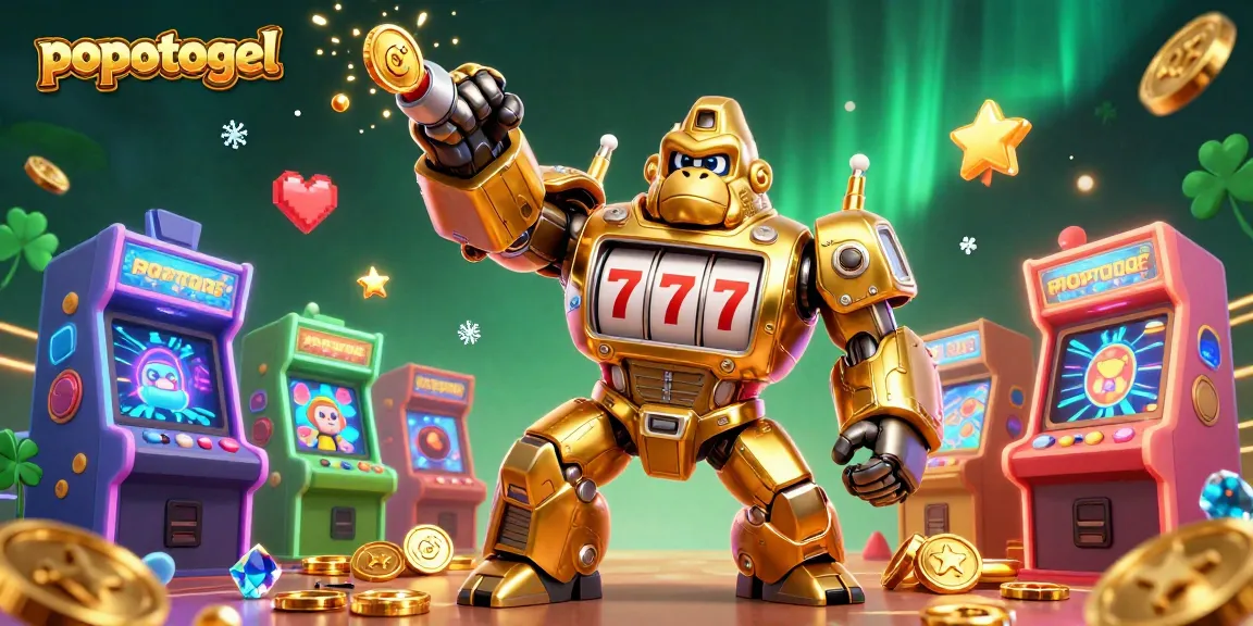 Engage with popotogel's dynamic gaming experience featuring a golden gorilla mech and colorful game elements.
