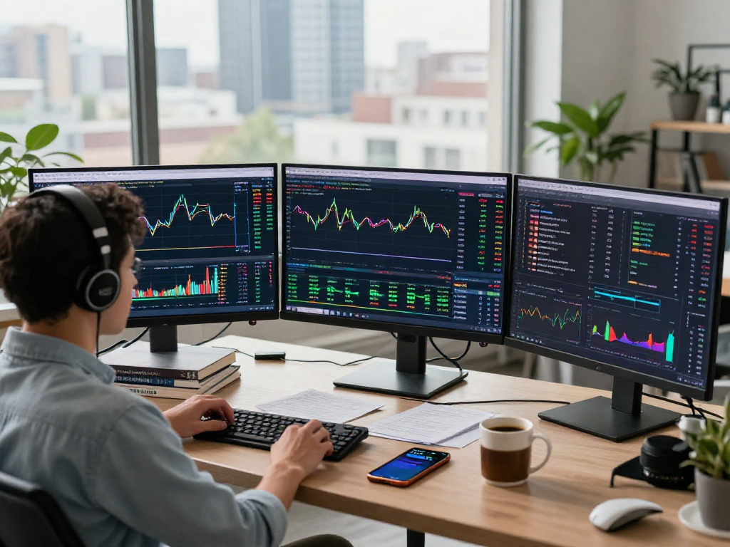 Trader using metatrader 5 in a dynamic workspace, analyzing market charts and strategies.