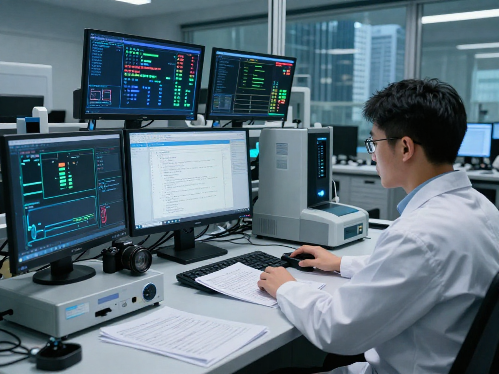 Document fraud detection analysis in a high-tech lab with advanced software and forensic tools.