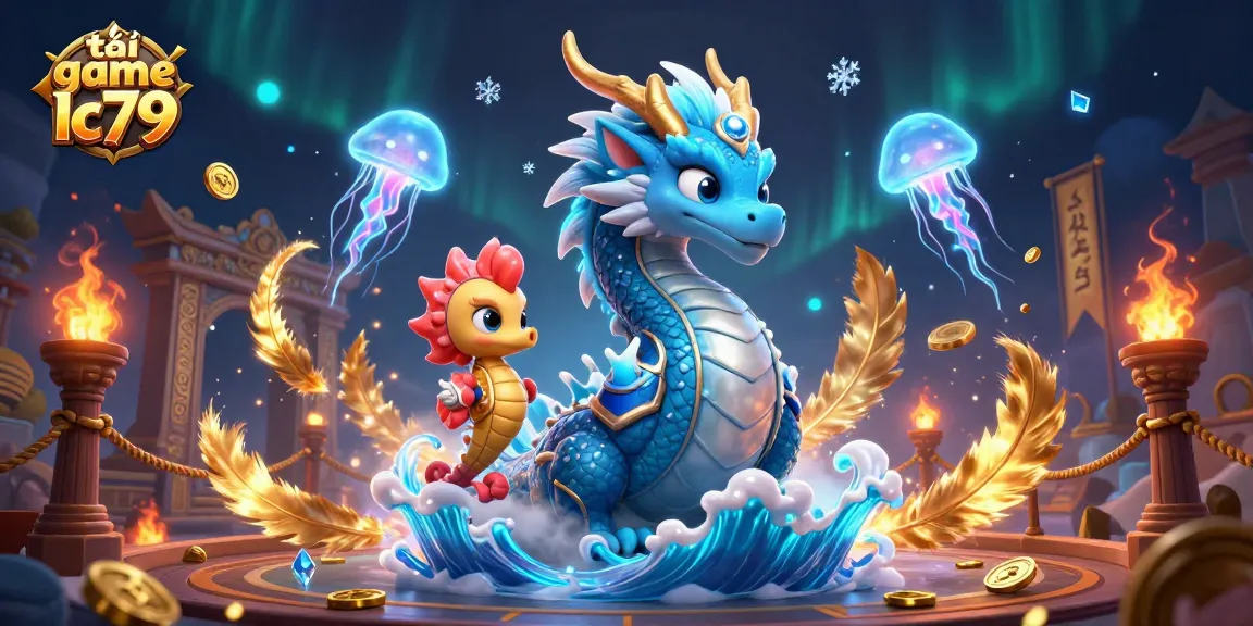 Tải game lc79 tại cổng game LC79 với hình ảnh rực rỡ của rồng nước và hiệp sĩ cá ngựa.