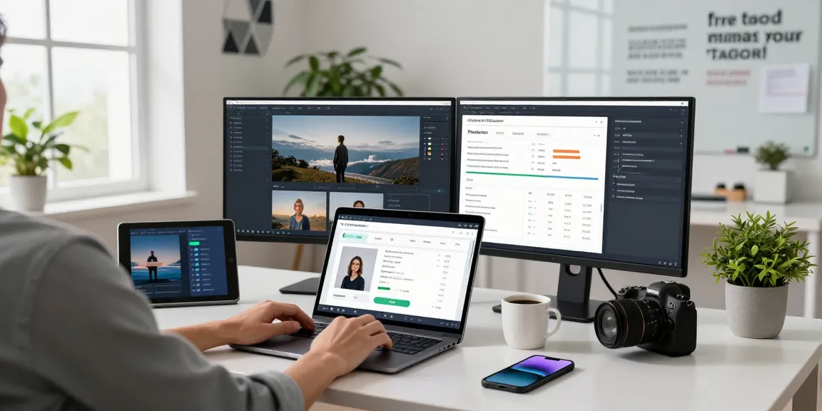 Using a free ai image detector on a laptop in a modern office setup, showcasing image analysis results and a high-tech workspace.