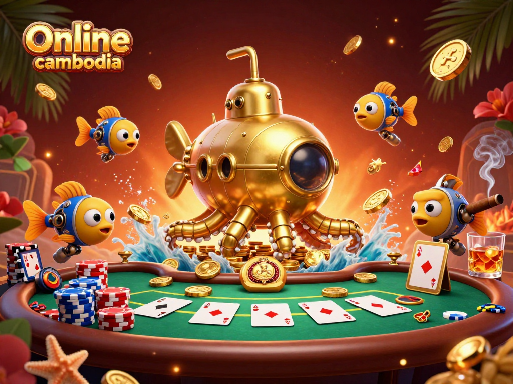 Engage in thrilling gameplay with Online casino cambodia, featuring a golden kraken submarine amidst poker elements and vibrant decorations.