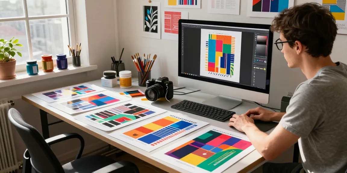 Custom poster printing by a designer in a vibrant art studio, showcasing high-quality prints.