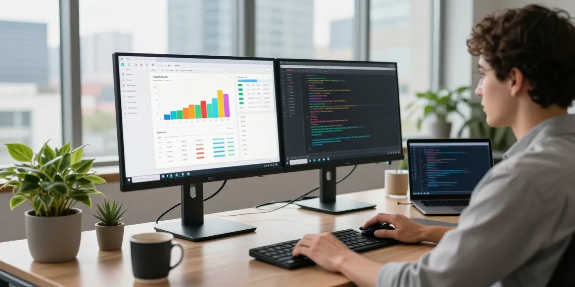 快连 software developer working in a modern office setting with dual monitors displaying analytics and code.