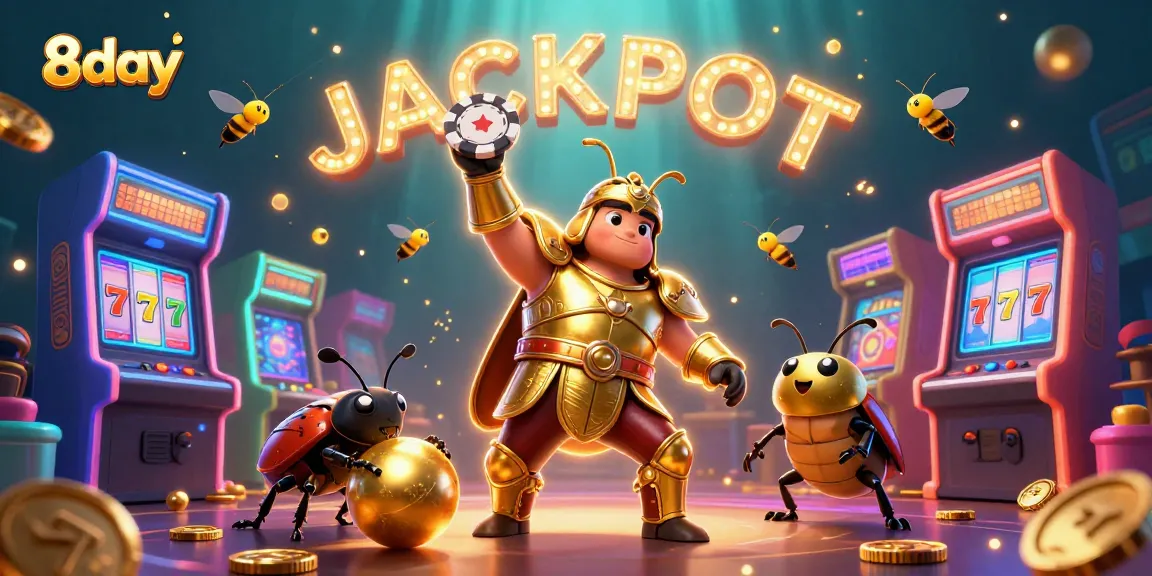 Experience the thrill of winning at 8day with a victorious beetle lifting poker chips in a vibrant casino.