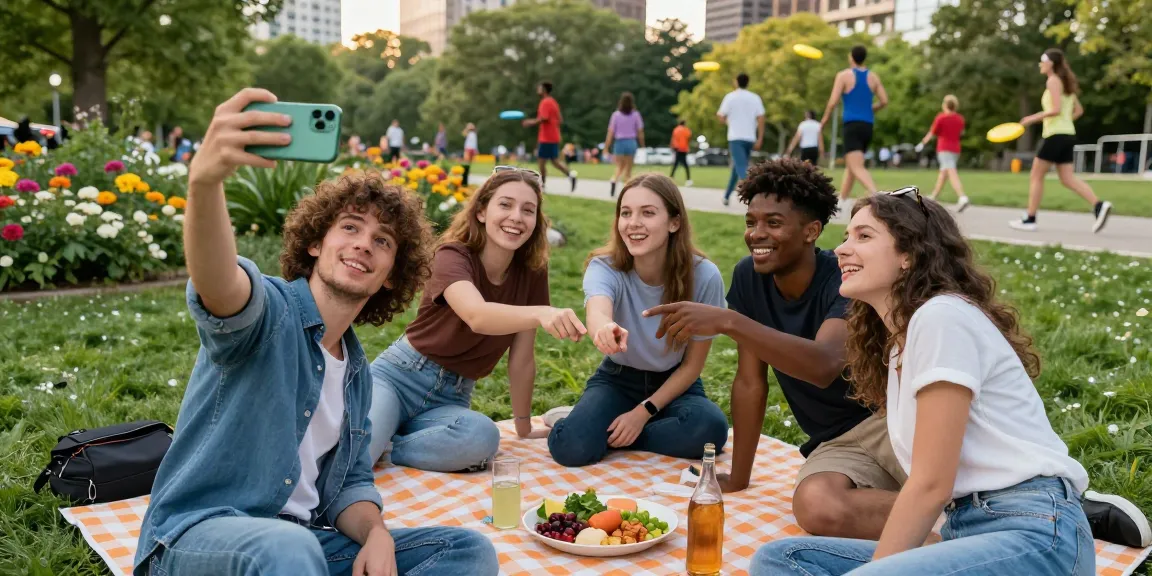 Group of friends testing attractiveness with a smartphone app in a vibrant park, showcasing a fun social experience.