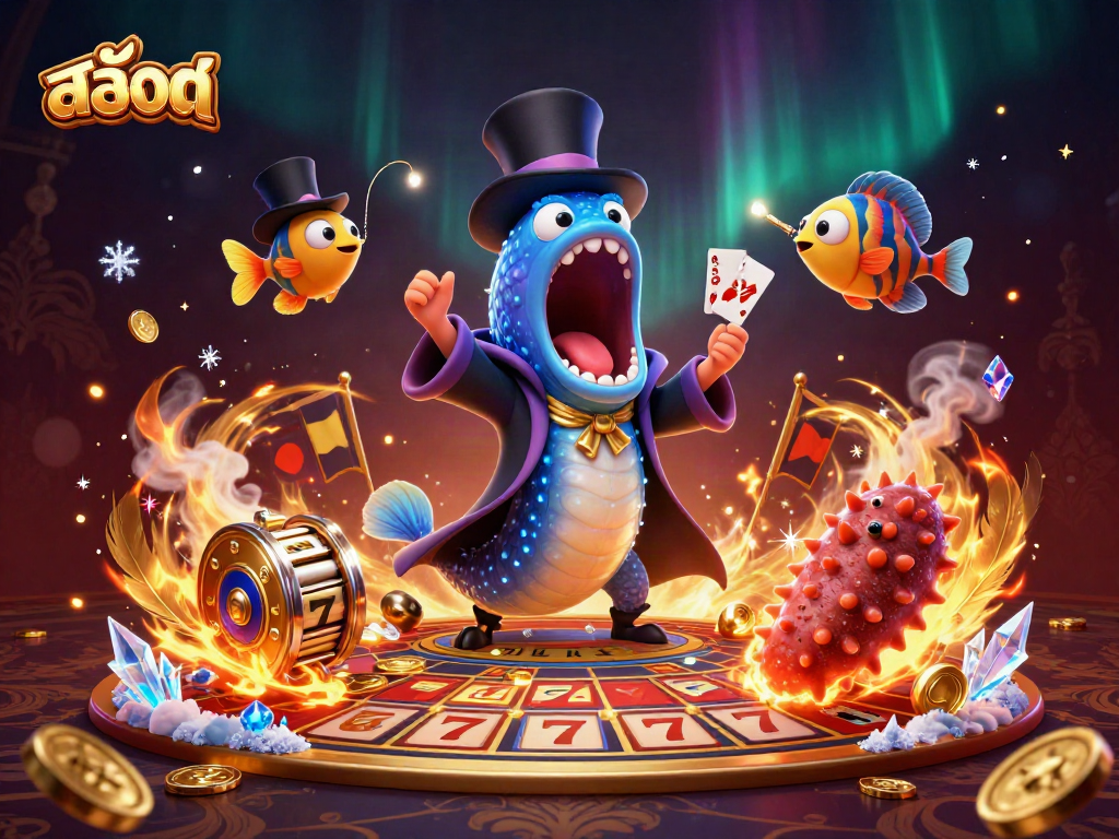 Engage with สล็อต as the gulper eel performs magic tricks in a vibrant casino scene.