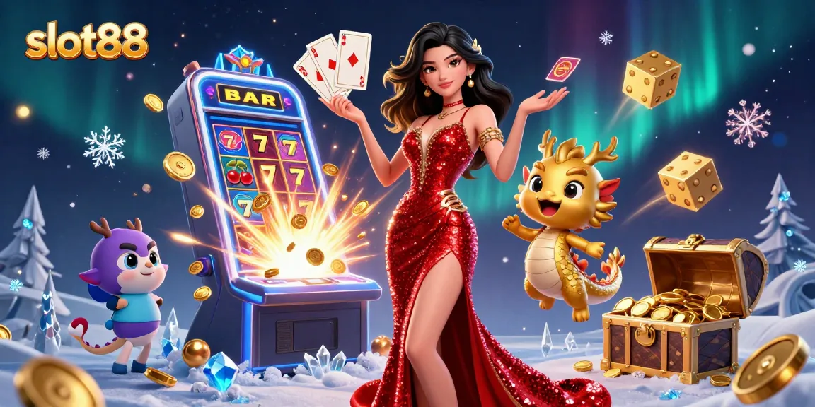 Experience thrilling slot88 gameplay with a glamorous lady and golden dragon amidst falling coins.