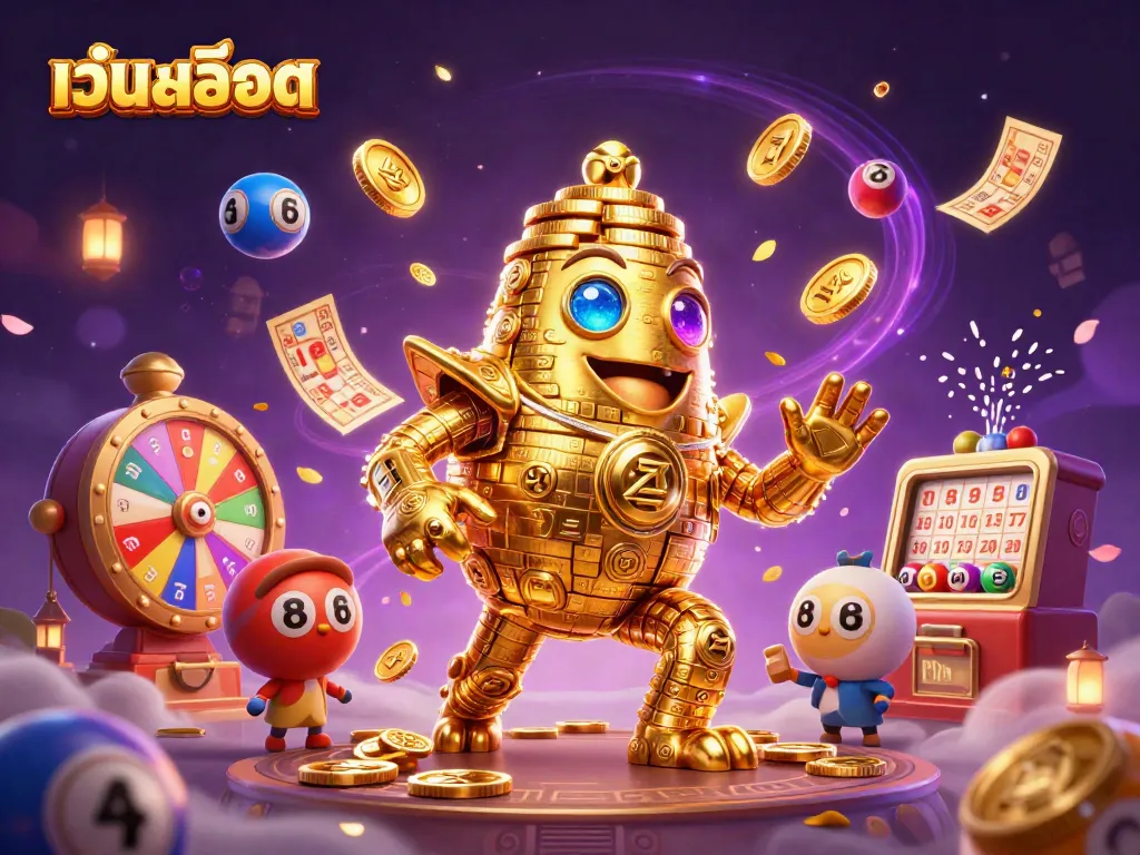 Engage in เว็บสล็อต excitement with a magical 3D golem made of coins, showcasing vibrant lottery and casino elements.