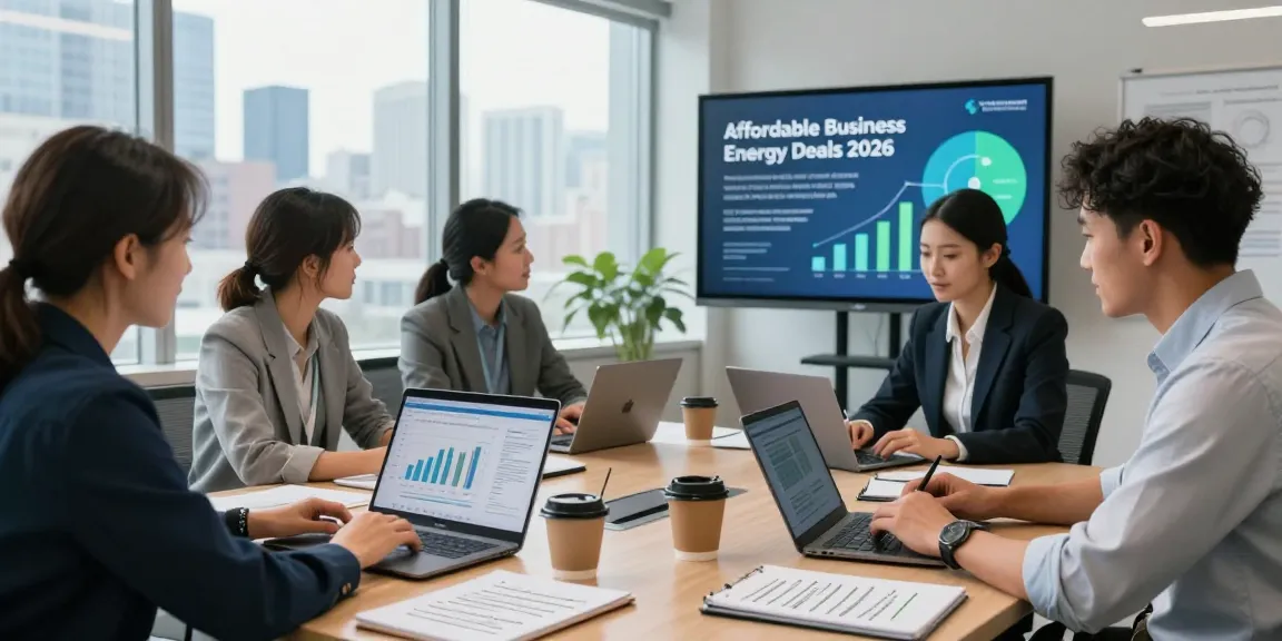 Affordable business energy deals 2026 discussed in a collaborative office meeting with charts and strategies.