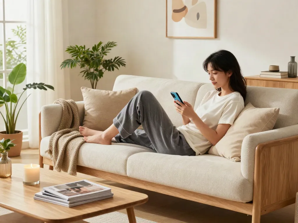 Stylish individual relaxing in modern living room with rokok88 link on smartphone, showcasing comfort and contemporary decor.