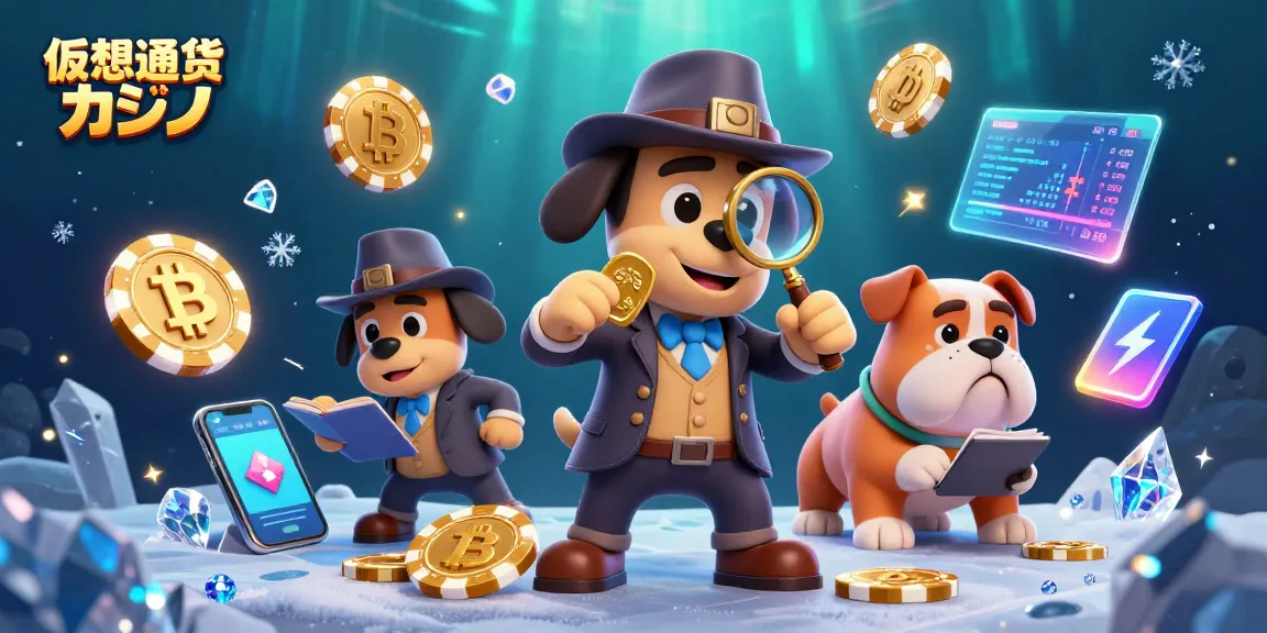 仮想通貨カジノで宝探しをしているキャラクターたちが、ビットコインやイーサリアムのコインに囲まれたシーン。