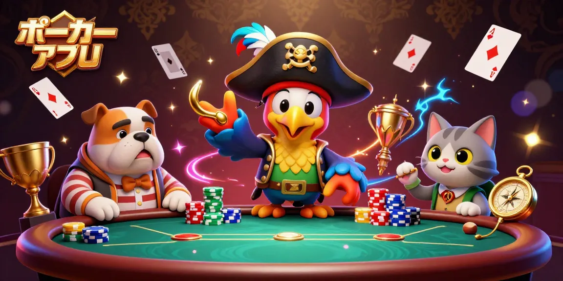 ポーカーアプリでの本格的なプレイを楽しむキャラクターたちと、動いているポーカーカードが散らばるシーン