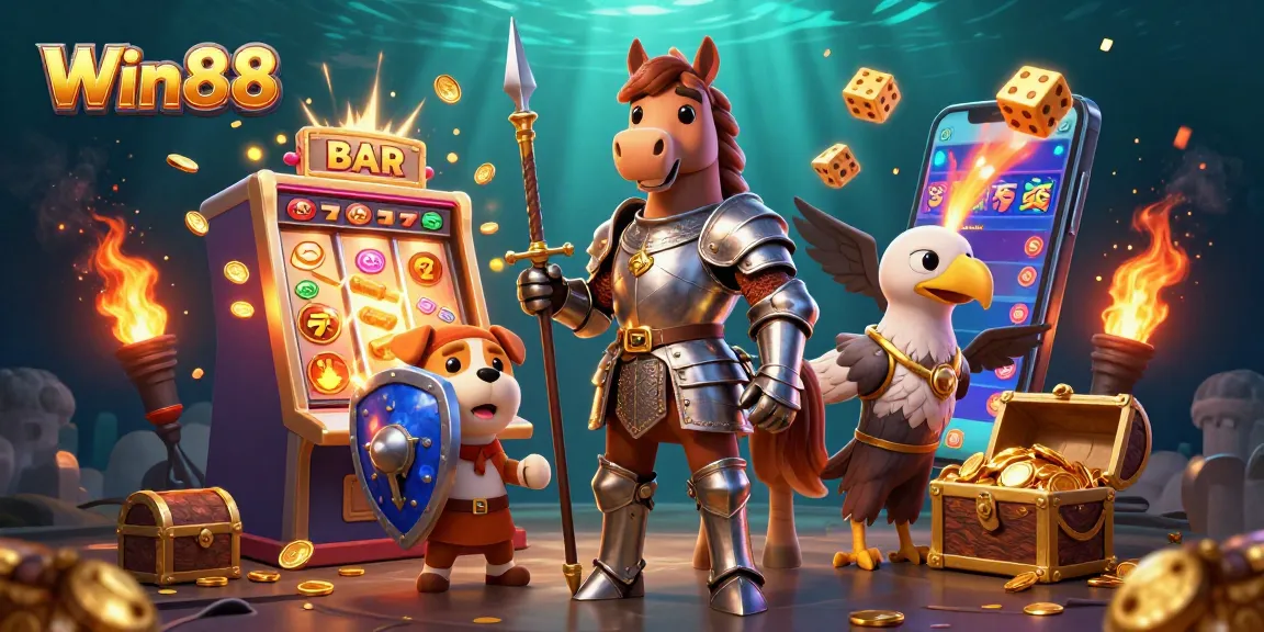 Spin to win with Win88, showcasing a vibrant scene of medieval characters and casino excitement.