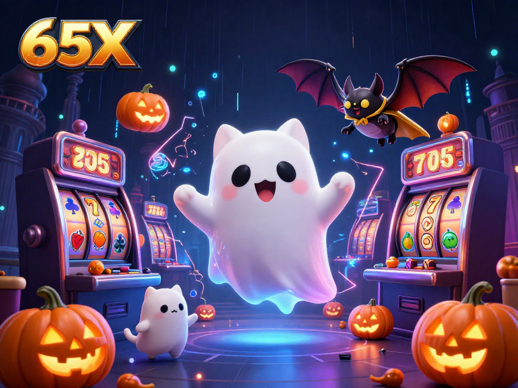 O 65X oferece uma experiência de cassino vibrante com um gato fantasma e um morcego em um cassino assombrado