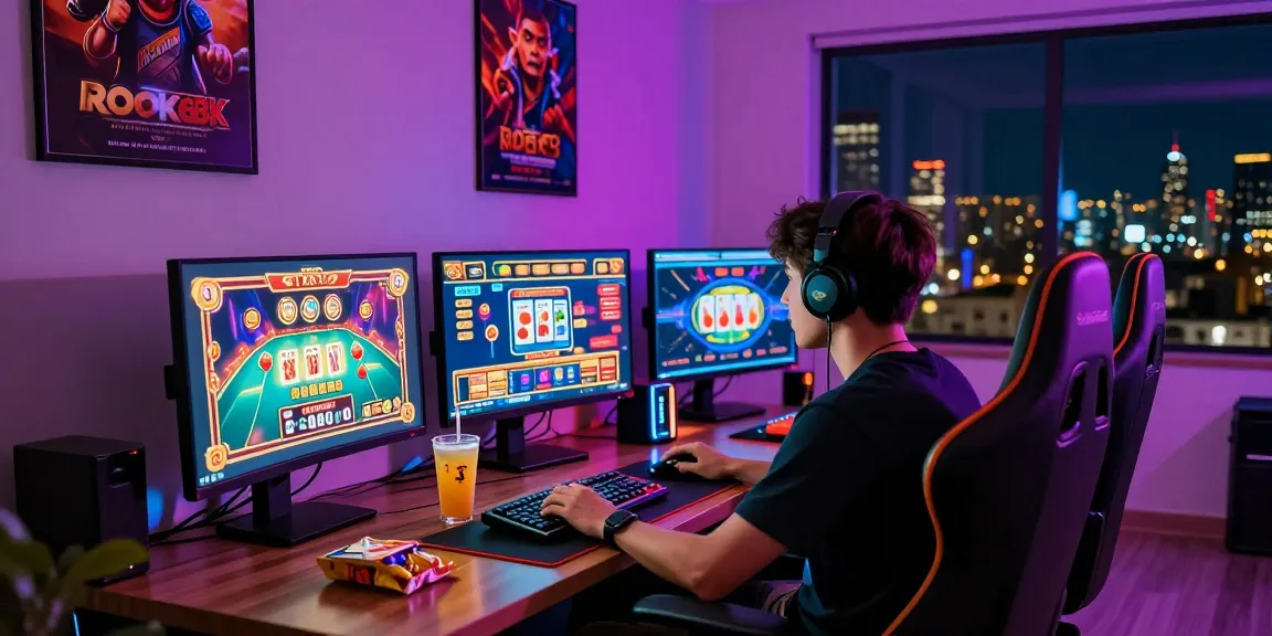 Engaged gamer showcasing rokok88 online experience in vibrant gaming setup.