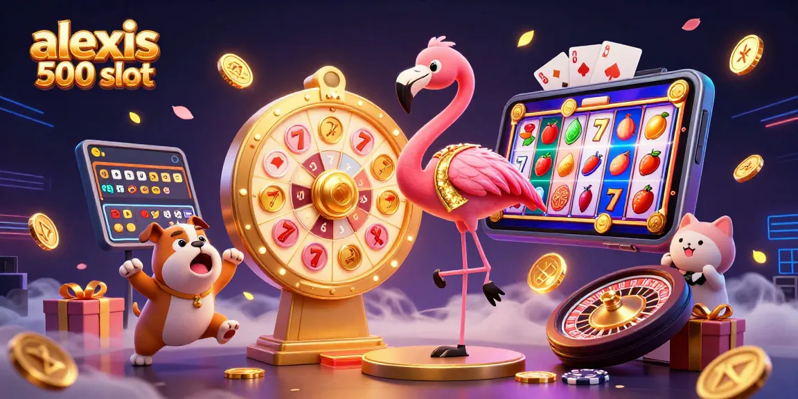 Experience the thrilling alexis 500 slot with exciting characters and dynamic visuals in this vibrant 3D casino scene.