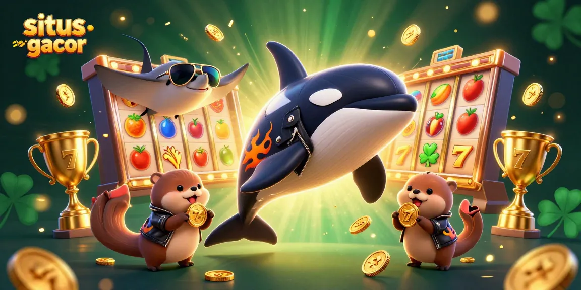 Experience thrill and excitement with situs slot gacor as orca and stingray dive alongside otters holding coins.