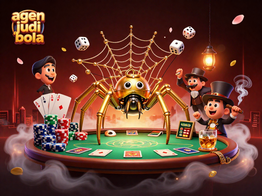 Engaging scene of agen judi bola with a steampunk spider and a Victorian fly gentleman, capturing dynamic gambling action.