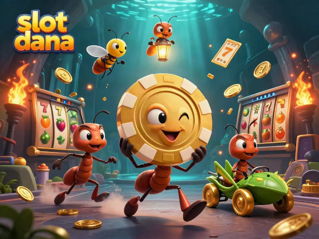 Tim semut 3D membawa chip poker emas saat bermain slot dana dengan penuh semangat.