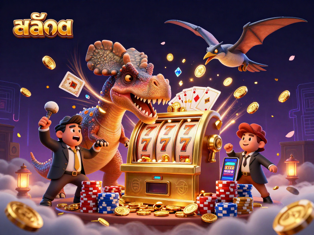 Experience thrilling สล็อต action with a pachycephalosaurus celebrating a slot machine jackpot.