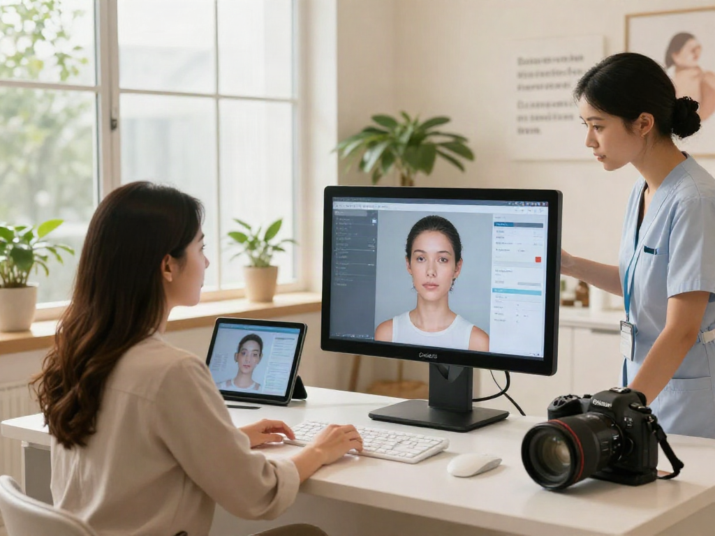 Woman using ClinicEvo software to analyze features, showcasing how ClinicEvo is a better alternative to QOVES in aesthetic consultations.