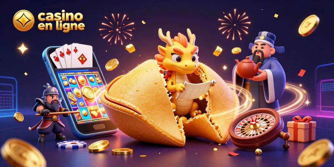 Casino en ligne illustré avec un dragon sage et un cookie de fortune, entouré de jeux d'argent.