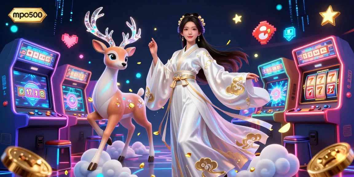 Engage with mpo500 in a vibrant 3D illustration showcasing interactive casino games and enchanting elements.
