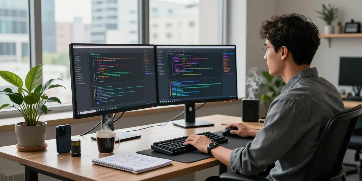 Developer coding on dual monitors in a modern workspace at telegraimin.com