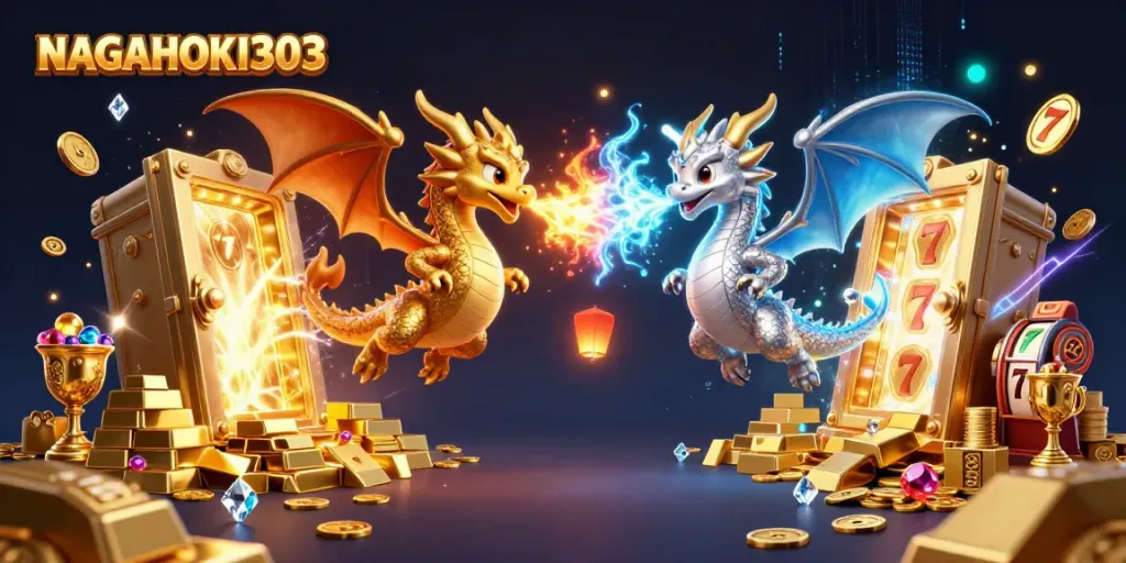 NAGAHOKI303 tampilkan karakter naga emas dan perak terbang bersama slot dan harta karun di latar belakang.
