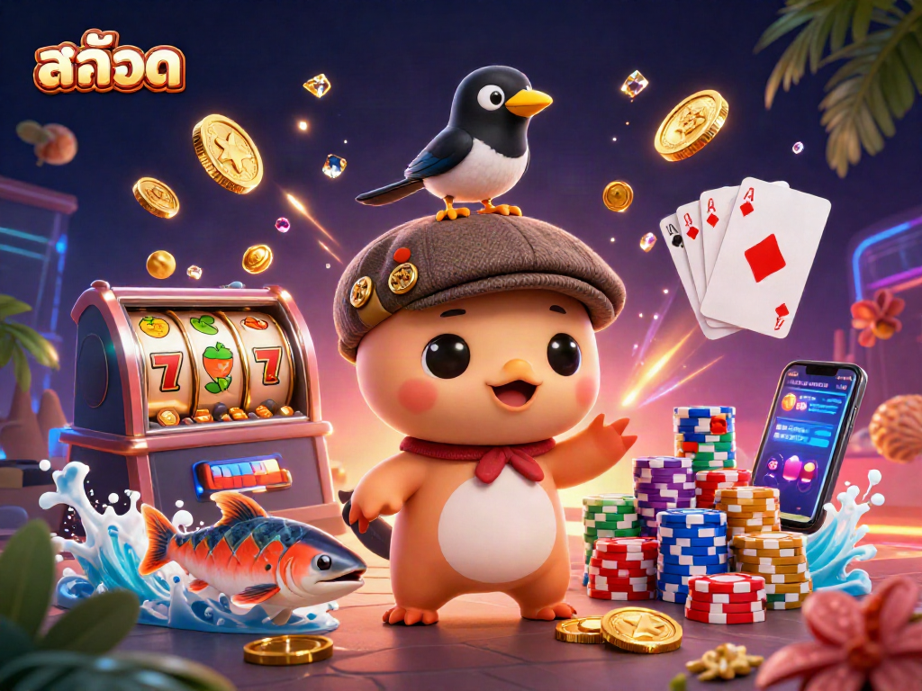 Spinning slot reels featuring สล็อต symbols alongside 3D cartoon baby Nessie illustration for vibrant casino art.