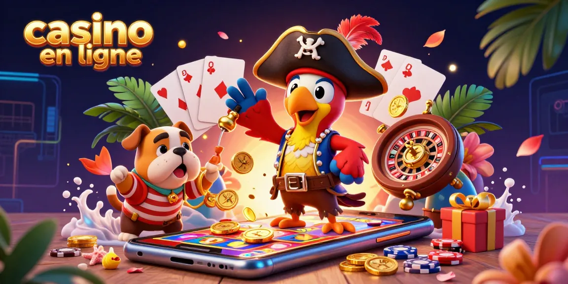 Jouez à des jeux de casino en ligne avec des personnages colorés de pirate et des éléments de machines à sous.