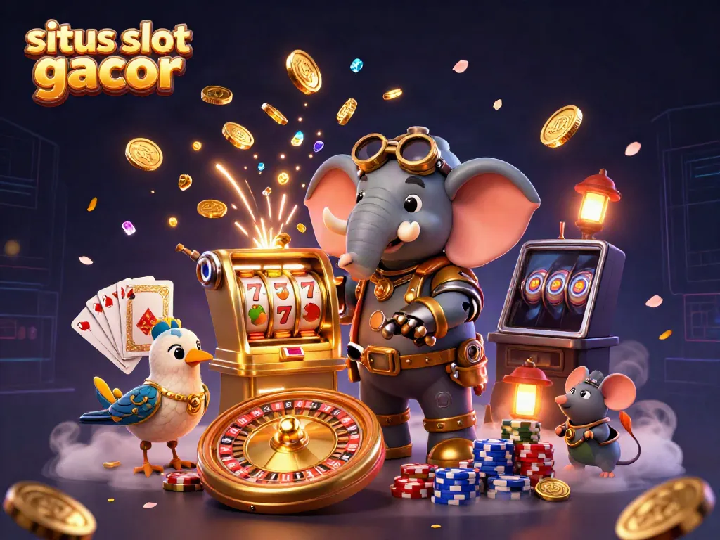 Visual slot gacor menampilkan gajah steampunk dengan mesin slot emas di tengah suasana kasino.
