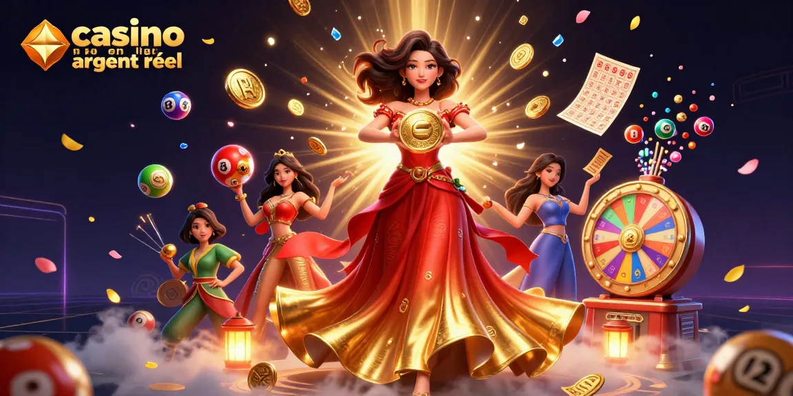 Vivez le frisson du casino en ligne argent réel avec une superbe illustration 3D mettant en avant des jeux et des éléments gagnants.
