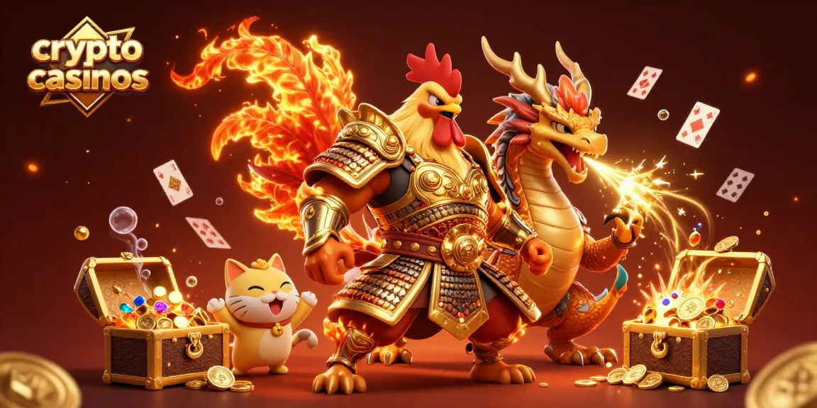 Les crypto casinos en action avec un guerrier coq, un dragon et des pièces de Bitcoin, offrant une expérience de jeu captivante.