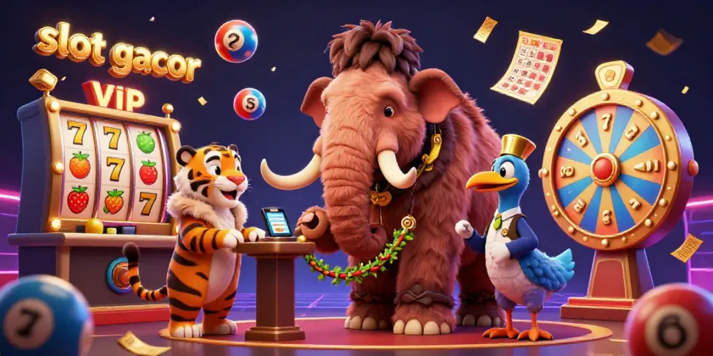 Engaging scene of a woolly mammoth checking IDs in a slot gacor casino, surrounded by vibrant gaming elements.