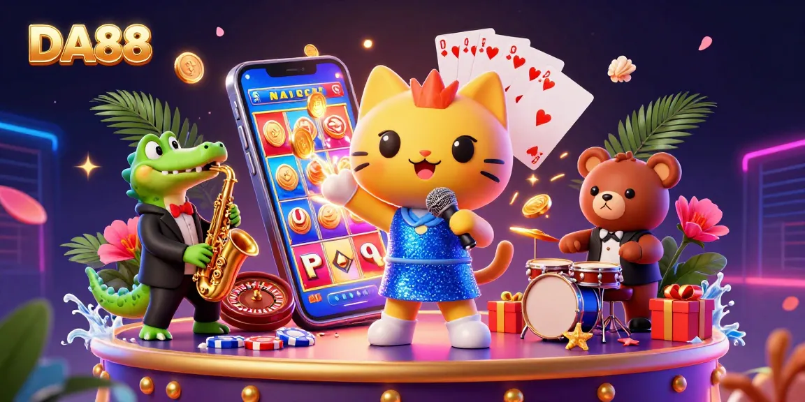 DA88 jazz-singer cat performs on stage surrounded by fun casino elements, enhancing the gaming experience.