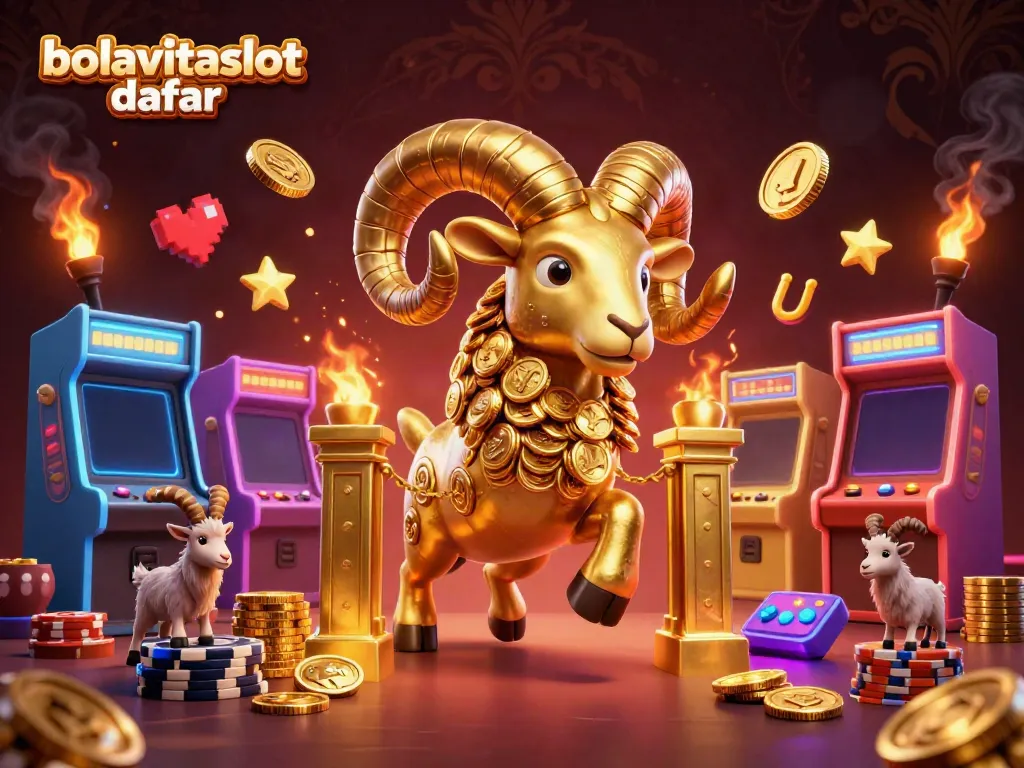 BOLAVITASLOT daftar highlights a vibrant casino scene with a golden ram and colorful game machines.