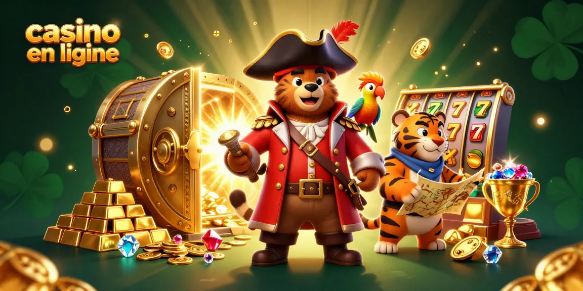 Illustration 3D d'un casino en ligne avec un ours pirate et un tigre, jouant aux machines à sous