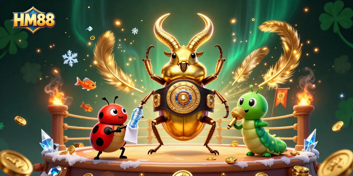 Experience thrilling action at HM88 with a golden stag beetle champion in a vibrant casino environment.