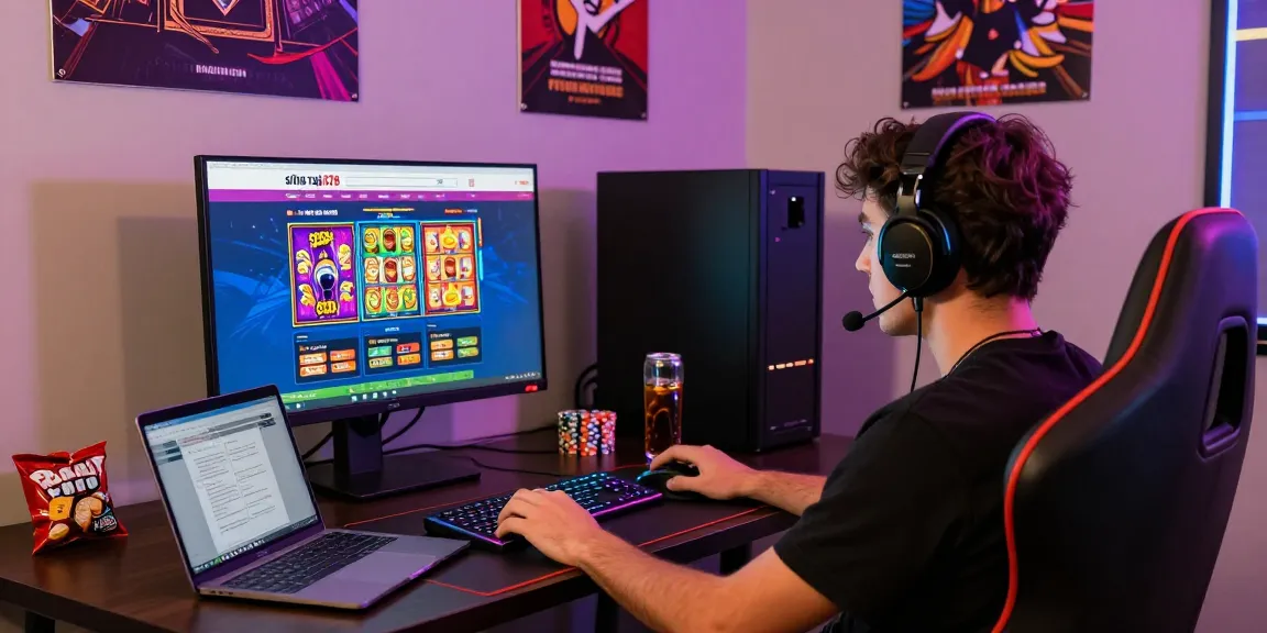 Engaging gamer at situs raja328 with colorful online slots and sports betting interface.